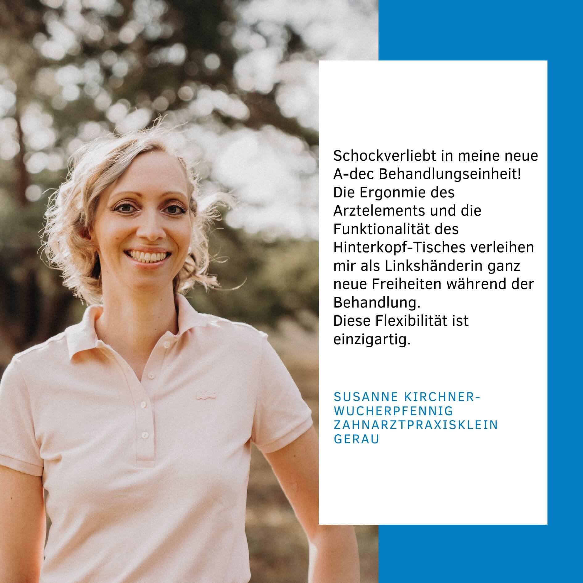 Eine Zahnärztin bewertet den Zahnarztstuhl von a-dec mit sehr gut 